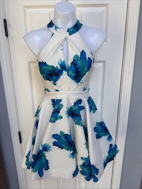 LUXXELL Blue White Floral FeatherFormal Cocktail Short Sleeveless Sexy Dress S